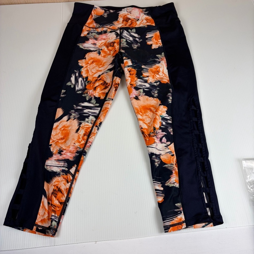 Betsey Johnson “Give Love Get Love” Floral Leggings Black Orange